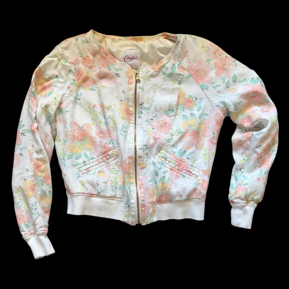 Candie's Pastel Floral Bomber Jacket - Cream with Pink & Mint